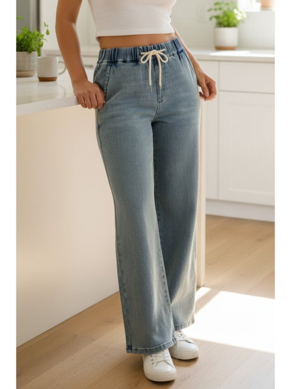 Judy Blue High-Rise Drawstring Elastic Waist Baggy Dad Pants Straight Leg Jeans